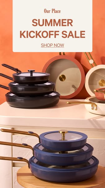 This image ad showcases cookware from Our Place with a Summer Kickoff Sale banner to promote a sale. The ad highlights s