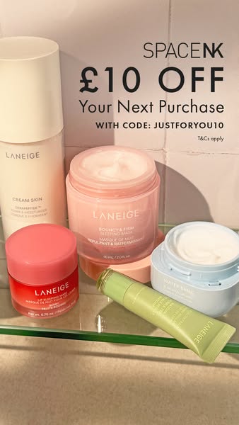 This ad for Laneige features multiple skincare products and offers the user £10 off their next purchase. The ad is direc