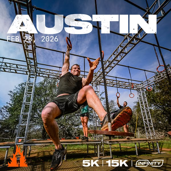 This image ad promotes the Infinity Obstacle Race in Austin, TX on February 28, 2026. It features a man in athletic wear