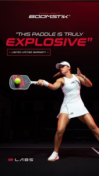 This ad for Project Boomstik features a woman in athletic wear hitting a pickleball with a Boomstik paddle. The ad highl