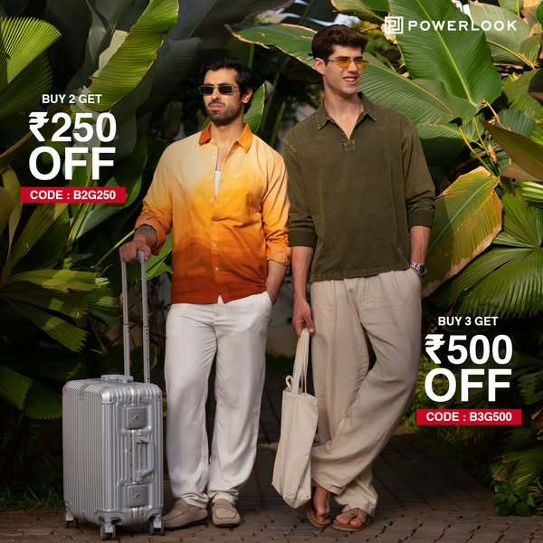 This image ad for POWERLOOK features two male models in a tropical setting with promotional text for discounts with code