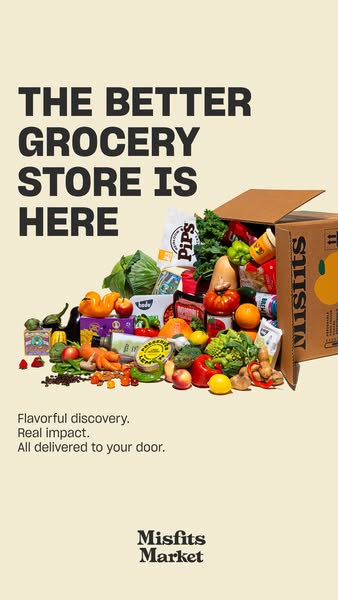 This image ad for Misfits Market features a variety of fresh produce spilling out of a branded cardboard box. The ad hig