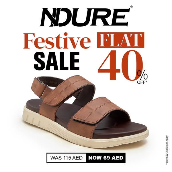 This is a promotional image ad from Ndure, showcasing a pair of men's sandals available at a 40% discount during a f
