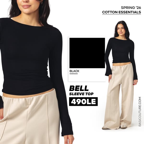 This ad showcases a black bell sleeve top from Basic Couture's Cotton Essentials Spring '26 collection.