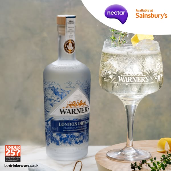 An ad showcasing Warner's London Dry Gin, emphasizing its availability at Sainsbury's and offering Nectar points
