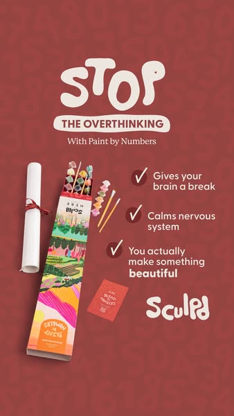 This ad promotes Sculpd's Paint by Numbers kit, emphasizing its ability to calm the nervous system and provide a bre