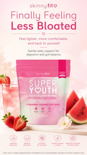 This ad promotes Skinny Fit's Super Youth multi-collagen peptides in a strawberry watermelon flavor, emphasizing ben