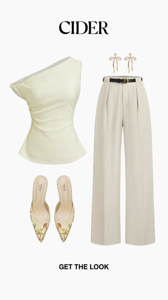 The ad showcases a neutral-toned, fashionable ensemble from Cider. It encourages viewers to 'get the look' throu