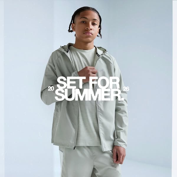 This ad features a young person wearing a full matching athletic outfit. The text overlay says, "Set for Summer&quo