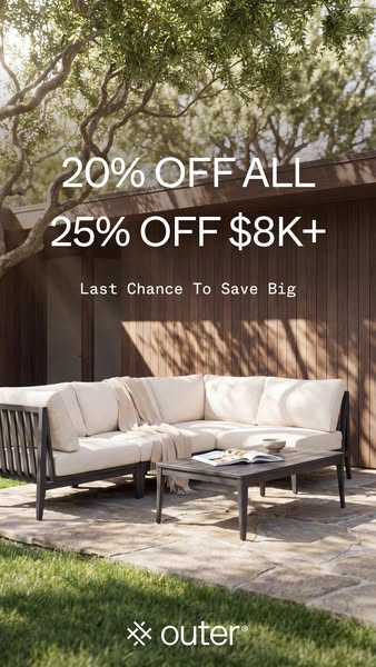 An outdoor furniture set is promoted with a discount offer. There is one offer to save 20% on all products and another f
