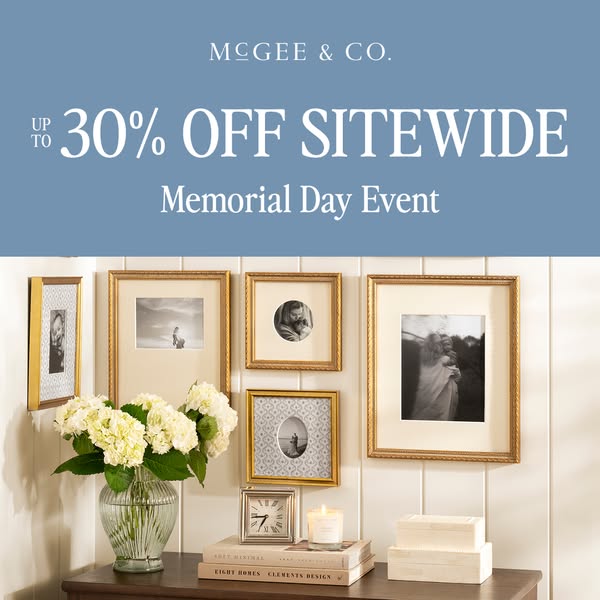 This ad promotes a sale event for McGee & Co., offering up to 30% off sitewide for a Memorial Day event. The visual 