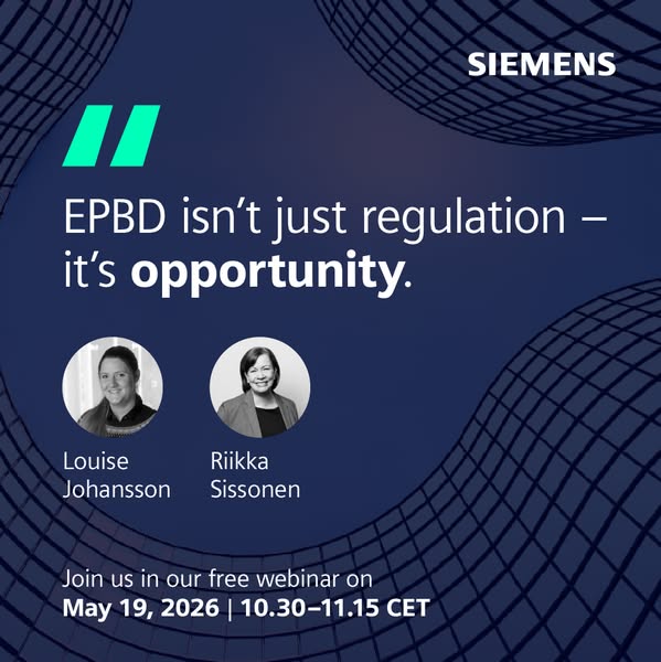 This image ad promotes a free webinar with speakers Louise Johansson and Riikka Sissonen on the topic of 'EPBD' 