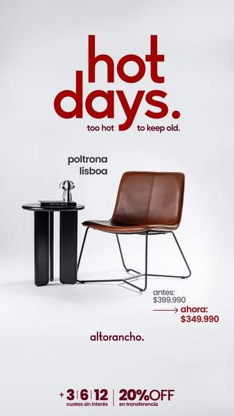 This image ad promotes altorancho's "poltrona lisboa" (Lisboa armchair) with a discount from $399.990 to $