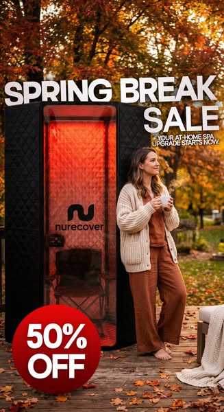 This ad promotes Nurecover's at-home spa upgrade, highlighting a Spring Break sale with a 50% discount. The image fe
