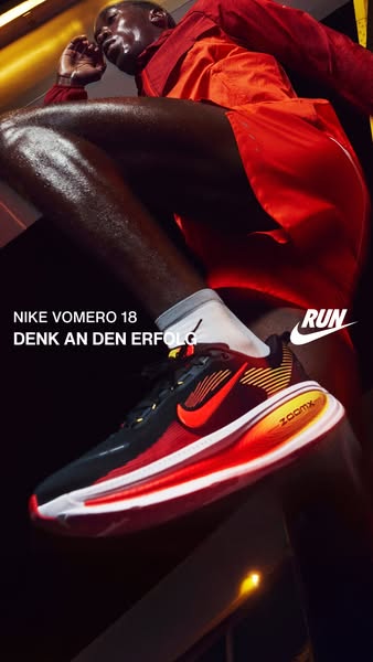 This ad showcases the Nike Vomero 18 running shoe, emphasizing its design and association with success. The ad features 