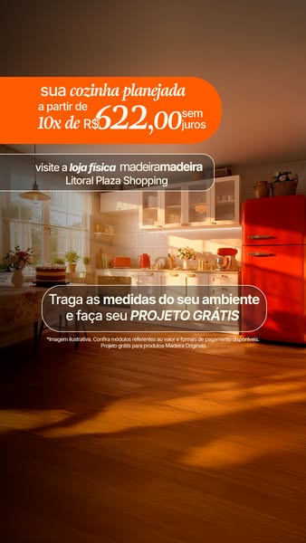 This image ad promotes MadeiraMadeira's kitchen planning services, inviting customers to visit their physical store 