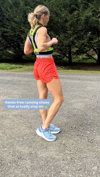 This ad showcases the benefits of hands-free running shoes that stay on, appealing to runners seeking convenience and re
