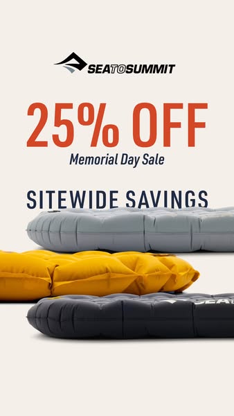 This image ad from Sea to Summit promotes a Memorial Day sale with 25% off sitewide savings. The ad features a stack of 