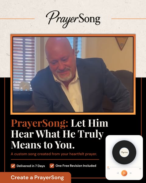 The ad promotes PrayerSong, a service that creates a custom song from the customer's heartfelt prayer. The ad featur
