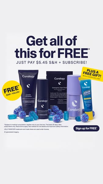 This ad for Curology promotes a free set of skincare products and includes a free gift, all in exchange for paying for s
