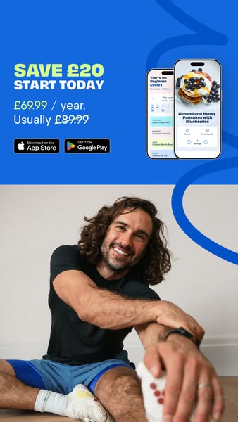 This image ad promotes a fitness app with a discount on the annual subscription. It features a fitness influencer and a 