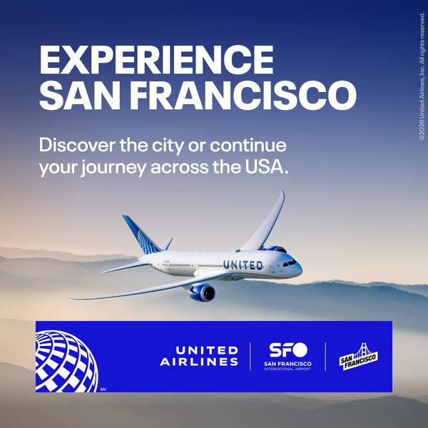 This ad by United Airlines promotes travel to San Francisco, encouraging viewers to explore the city or continue their j