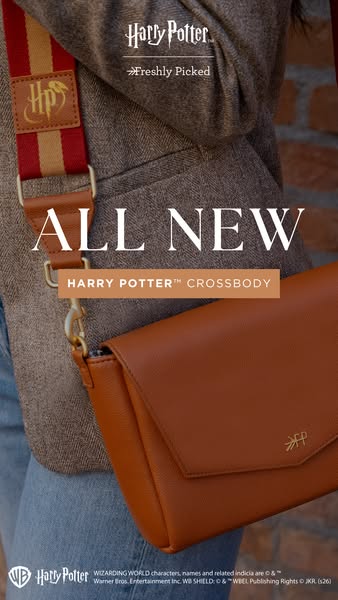This ad showcases an all new Harry Potter crossbody bag from Freshly Picked, zeroing in on its design and aesthetic appe