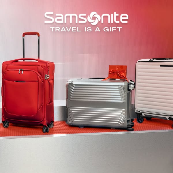 This ad showcases three different styles of Samsonite luggage, emphasizing the idea that travel is a gift.