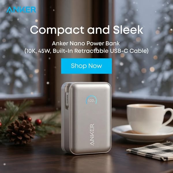 This ad showcases the Anker Nano Power Bank as a compact and sleek solution for on-the-go charging. It highlights its fe
