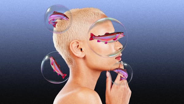 An image ad featuring a model with surreal styling is designed to grab attention and spark curiosity about the brand. Th