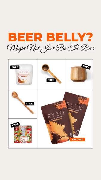 This image ad showcases Ryze mushroom coffee and a free starter kit, advertising a 50% off deal.