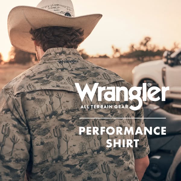 This ad features a man in a Wrangler All Terrain Gear performance shirt, standing in a field near a truck and an ATV. Th