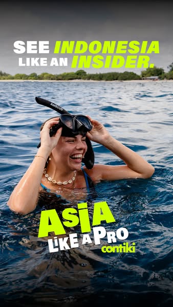 This ad showcases a woman snorkeling in Indonesia and suggests that Contiki can provide the opportunity to see Asia like