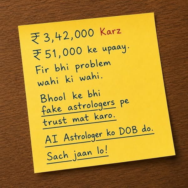 An ad featuring an AI astrologer that can provide accurate predictions. The ad copy is handwritten on a yellow sticky no