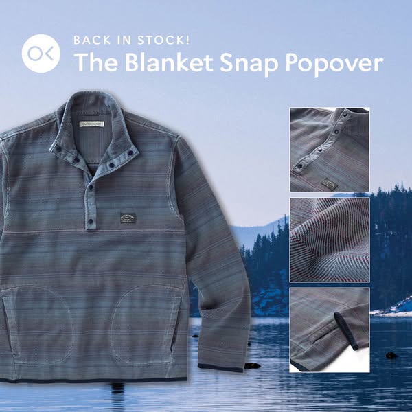 This ad for The Blanket Snap Popover features the product with the headline "Back in stock!" The product is ph