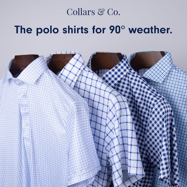 An ad for Collars & Co. polo shirts designed for warm weather, displaying four different shirt patterns on hangers.