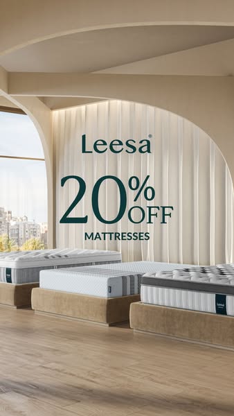 The ad showcases Leesa mattresses in a clean, modern setting with a 20% off discount offer. The focus is on the mattress