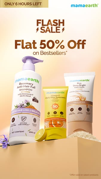 This ad for Mamaearth features three of the brand's bestseller products: Rosemary Anti-Hair Fall Shampoo, Vitamin C 
