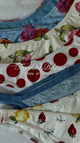 An ad for Frankies Bikinis featuring a variety of bikini bottoms from their new arrivals.