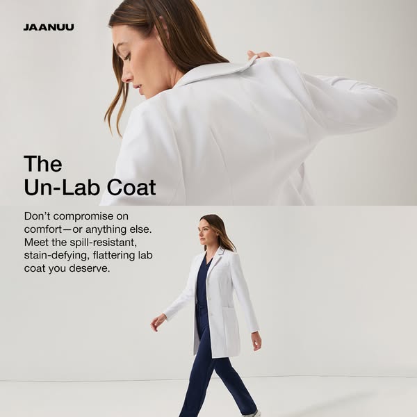 This image ad showcases Jaanuu's 'Un-Lab Coat' as a stylish, spill-resistant, and flattering garment for hea