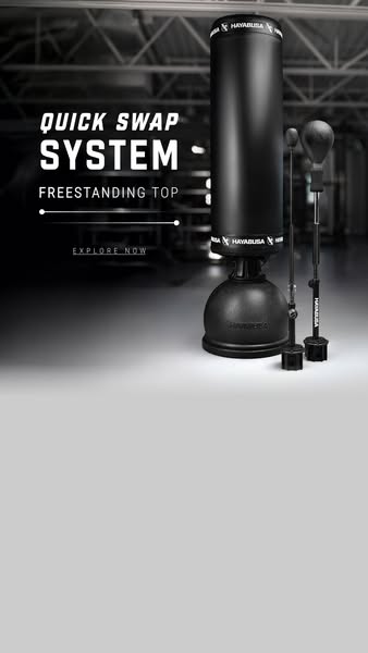 This ad showcases a freestanding punching bag and speed bag using the Hayabusa quick swap system, presented in a monochr