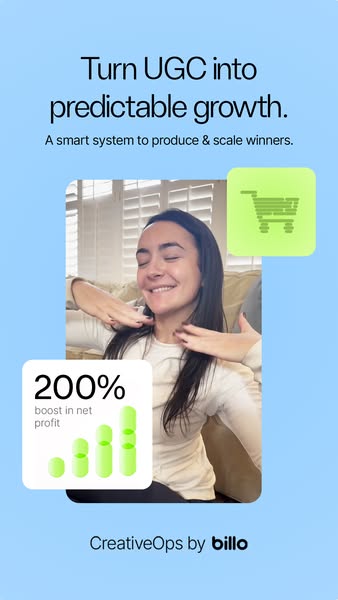 This is an image ad by CreativeOps by billo promoting user-generated content (UGC) for predictable growth. The ad featur