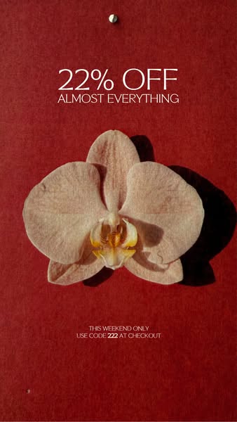 This image ad features a close-up of an orchid centered on a red background. The ad promotes a sale of '22% off almo