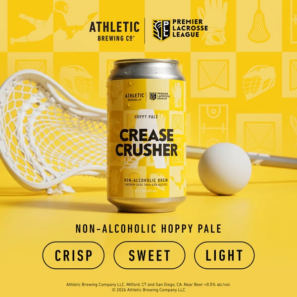 This ad for Athletic Brewing promotes their non-alcoholic Crease Crusher beer in partnership with the Premier Lacrosse L