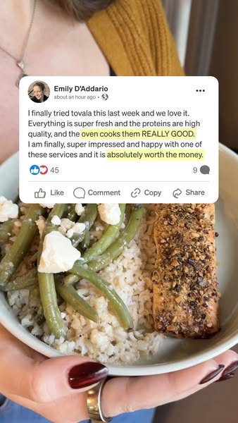 This ad features a customer testimonial for Tovala, highlighting the freshness, quality, and taste of their meals. The a