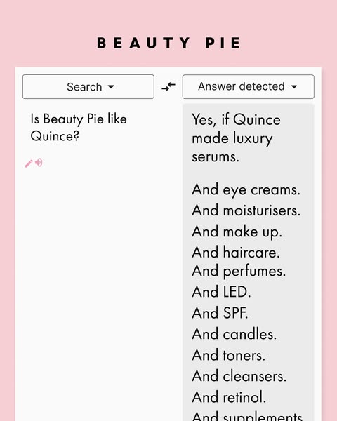 This ad utilizes a UI-style format that shows what happens when someone searches 'Is Beauty Pie like Quince?' in