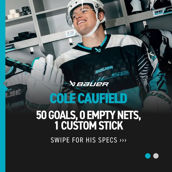 This ad features hockey player Cole Caufield and promotes Bauer hockey sticks. The ad showcases Caufield's achieveme