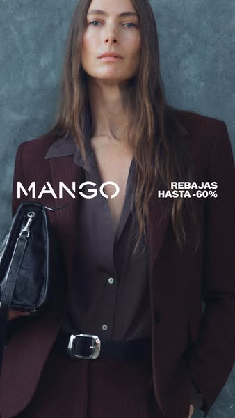 This ad showcases a woman wearing apparel and accessories from Mango. The ad is highlighting a sale for up to 60% off.