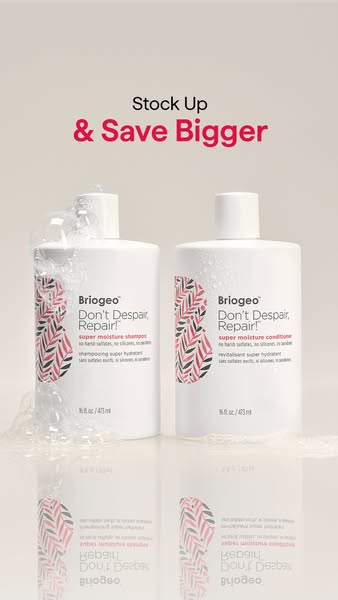 An advertisement for Briogeo hair products, specifically their shampoo and conditioner. The ad showcases the product pac