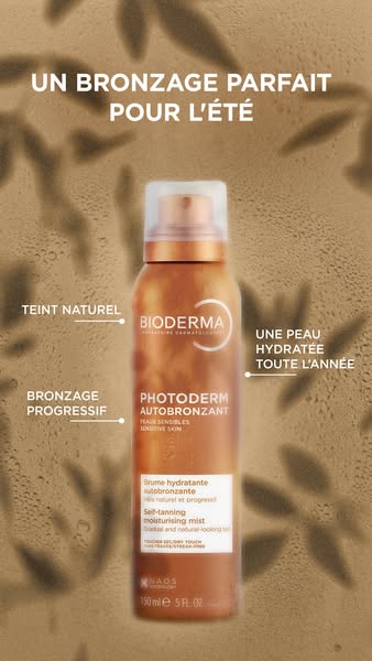 This ad showcases Bioderma's Photoderm Autobronzant self-tanning mist for a natural, hydrated tan all year round. Th